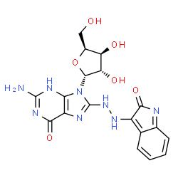 ChemSpider 2D Image | 2-Amino-8-[2-(2-oxo-2H-indol-3-yl)hydrazino]-9-(alpha-L-xylofuranosyl)-3,9-dihydro-6H-purin-6-one | C18H18N8O6
