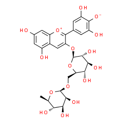 ChemSpider 2D Image | 4-(3-{[6-O-(6-Deoxy-beta-D-mannopyranosyl)-beta-D-glucopyranosyl]oxy}-5,7-dihydroxy-2-chromeniumyl)-2,6-dihydroxyphenolate | C27H30O16