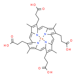 ChemSpider 2D Image | [3,3',3'',3'''-(3,8,13,18-Tetramethyl-22,24-dihydroporphyrin-2,7,12,17-tetrayl-kappa~4~N~21~,N~22~,N~23~,N~24~)tetrapropanoato(4-)]iron | C36H36FeN4O8