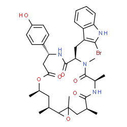 ChemSpider 2D Image | (3S,6R,9R,12R,16R,18S)-9-[(2-Bromo-1H-indol-3-yl)methyl]-12-(4-hydroxyphenyl)-1,3,6,8,16,18-hexamethyl-15,20-dioxa-5,8,11-triazabicyclo[17.1.0]icosane-4,7,10,14-tetrone | C36H45BrN4O7