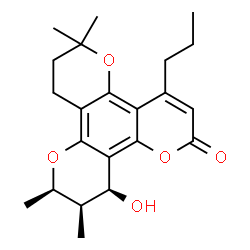 ChemSpider 2D Image | (10R,11R,12S)-12-Hydroxy-6,6,10,11-tetramethyl-4-propyl-7,8,11,12-tetrahydro-2H,6H,10H-dipyrano[2,3-f:2',3'-h]chromen-2-one | C22H28O5