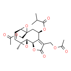 ChemSpider 2D Image | (1aS,1bR,5R,6aS,7aR,8Z,9aS)-4,6a-Bis(acetoxymethyl)-9a-methyl-3-oxo-1a,1b,3,5,6,6a,7a,9a-octahydrobisoxireno[5,6:9,10]cyclodeca[1,2-b]furan-5-yl 2-methylpropanoate | C23H28O10