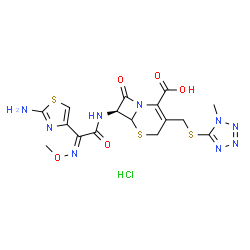 ChemSpider 2D Image | (7S)-7-{[(2E)-2-(2-Amino-1,3-thiazol-4-yl)-2-(methoxyimino)acetyl]amino}-3-{[(1-methyl-1H-tetrazol-5-yl)sulfanyl]methyl}-8-oxo-5-thia-1-azabicyclo[4.2.0]oct-2-ene-2-carboxylic acid hydrochloride (1:1) | C16H18ClN9O5S3