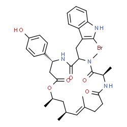 ChemSpider 2D Image | (4R,10R,15E,17S,19R)-7-[(2-Bromo-1H-indol-3-yl)methyl]-4-(4-hydroxyphenyl)-8,10,15,17,19-pentamethyl-1-oxa-5,8,11-triazacyclononadec-15-ene-2,6,9,12-tetrone | C35H43BrN4O6