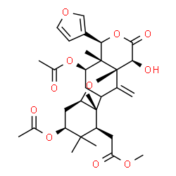 ChemSpider 2D Image | Methyl [(1S,3R,5S,7S,8S,11R,12R,13R,16S)-5,11-diacetoxy-13-(3-furyl)-16-hydroxy-6,6,8,12-tetramethyl-17-methylene-15-oxo-2,14-dioxatetracyclo[7.7.1.0~1,12~.0~3,8~]heptadec-7-yl]acetate | C31H40O11