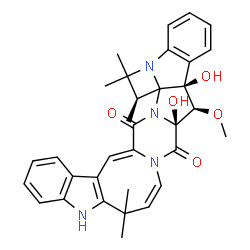 ChemSpider 2D Image | (10aS,11R,11aR,18S)-10a,11a-Dihydroxy-11-methoxy-6,6,17,17,18-pentamethyl-11,11a,17,18-tetrahydro-5H-azeto[1,2-a]indolo[3''',2''':4'',5'']azocino[1'',2'':4',5']pyrazino[1',2':1,5]pyrrolo[2,3-b]indole-
10,20(6H,10aH)-dione | C33H34N4O5