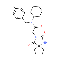 ChemSpider 2D Image | N-Cyclohexyl-2-(2,4-dioxo-1,3-diazaspiro[4.4]non-3-yl)-N-(4-fluorobenzyl)acetamide | C22H28FN3O3