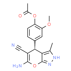 ChemSpider 2D Image | 4-[(4S)-6-Amino-5-cyano-3-methyl-2,4-dihydropyrano[2,3-c]pyrazol-4-yl]-2-methoxyphenyl acetate | C17H16N4O4