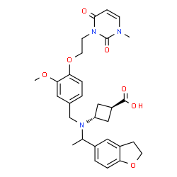ChemSpider 2D Image | trans-3-([1-(2,3-Dihydro-1-benzofuran-5-yl)ethyl]{3-methoxy-4-[2-(3-methyl-2,6-dioxo-3,6-dihydro-1(2H)-pyrimidinyl)ethoxy]benzyl}amino)cyclobutanecarboxylic acid | C30H35N3O7