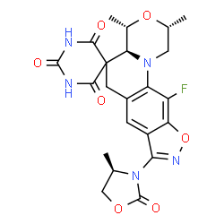 ChemSpider 2D Image | (2R,4S,4aS)-11-Fluoro-2,4-dimethyl-8-[(4R)-4-methyl-2-oxo-1,3-oxazolidin-3-yl]-1,2,4,4a-tetrahydro-2'H,6H-spiro[1,4-oxazino[4,3-a][1,2]oxazolo[4,5-g]quinoline-5,5'-pyrimidine]-2',4',6'(1'H,3'H)-trione | C22H22FN5O7