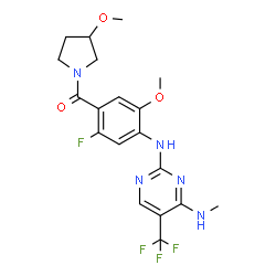 ChemSpider 2D Image | (2-Fluoro-5-methoxy-4-{[4-(methylamino)-5-(trifluoromethyl)-2-pyrimidinyl]amino}phenyl)(3-methoxy-1-pyrrolidinyl)methanone | C19H21F4N5O3