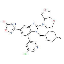 ChemSpider 2D Image | 3-{7-(5-Chloro-3-pyridinyl)-2-(hexahydro-4H-furo[3,4-b][1,4]oxazin-4-yl)-1-[(trans-4-methylcyclohexyl)methyl]-1H-benzimidazol-5-yl}-1,2,4-oxadiazol-5(4H)-one | C28H31ClN6O4