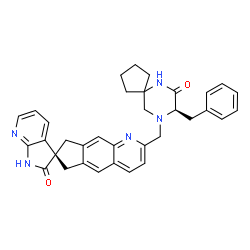 ChemSpider 2D Image | (7S)-2-{[(8R)-8-Benzyl-7-oxo-6,9-diazaspiro[4.5]dec-9-yl]methyl}-6,8-dihydrospiro[cyclopenta[g]quinoline-7,3'-pyrrolo[2,3-b]pyridin]-2'(1'H)-one | C34H33N5O2