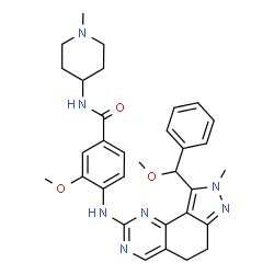 ChemSpider 2D Image | 3-Methoxy-4-({9-[methoxy(phenyl)methyl]-8-methyl-6,8-dihydro-5H-pyrazolo[3,4-h]quinazolin-2-yl}amino)-N-(1-methyl-4-piperidinyl)benzamide | C32H37N7O3