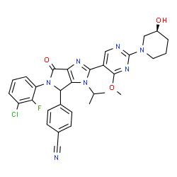 ChemSpider 2D Image | 4-[5-(3-Chloro-2-fluorophenyl)-2-{2-[(3S)-3-hydroxy-1-piperidinyl]-4-methoxy-5-pyrimidinyl}-3-isopropyl-6-oxo-3,4,5,6-tetrahydropyrrolo[3,4-d]imidazol-4-yl]benzonitrile | C31H29ClFN7O3
