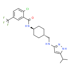 ChemSpider 2D Image | 2-Chloro-N-(trans-4-{[(5-isopropyl-1H-pyrazol-3-yl)amino]methyl}cyclohexyl)-5-(trifluoromethyl)benzamide | C21H26ClF3N4O