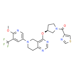 ChemSpider 2D Image | [(3S)-3-({6-[6-Methoxy-5-(trifluoromethyl)-3-pyridinyl]-5,6,7,8-tetrahydropyrido[4,3-d]pyrimidin-4-yl}oxy)-1-pyrrolidinyl](1,3-thiazol-4-yl)methanone | C22H21F3N6O3S