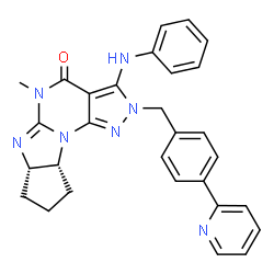 ChemSpider 2D Image | (6aS,9aR)-3-Anilino-5-methyl-2-[4-(2-pyridinyl)benzyl]-5,6a,7,8,9,9a-hexahydrocyclopenta[4,5]imidazo[1,2-a]pyrazolo[4,3-e]pyrimidin-4(2H)-one | C29H27N7O