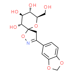ChemSpider 2D Image | (5R,7R,8S,9S,10R)-3-(1,3-Benzodioxol-5-yl)-7-(hydroxymethyl)-1,6-dioxa-2-azaspiro[4.5]dec-2-ene-8,9,10-triol | C15H17NO8