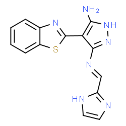 ChemSpider 2D Image | 4-(1,3-Benzothiazol-2-yl)-3-[(E)-(1H-imidazol-2-ylmethylene)amino]-1H-pyrazol-5-amine | C14H11N7S