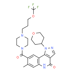 ChemSpider 2D Image | 7-Methyl-1-(tetrahydro-2H-pyran-4-yl)-8-({4-[3-(trifluoromethoxy)propyl]-1-piperazinyl}carbonyl)-1,5-dihydro-4H-pyrazolo[4,3-c]quinolin-4-one | C25H30F3N5O4