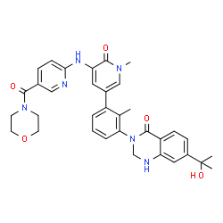 ChemSpider 2D Image | 7-(2-Hydroxy-2-propanyl)-3-[2-methyl-3-(1-methyl-5-{[5-(4-morpholinylcarbonyl)-2-pyridinyl]amino}-6-oxo-1,6-dihydro-3-pyridinyl)phenyl]-2,3-dihydro-4(1H)-quinazolinone | C34H36N6O5