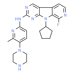 ChemSpider 2D Image | 9-Cyclopentyl-8-fluoro-N-[6-methyl-5-(1-piperazinyl)-2-pyridinyl]-9H-pyrido[4',3':4,5]pyrrolo[2,3-d]pyrimidin-2-amine | C24H27FN8