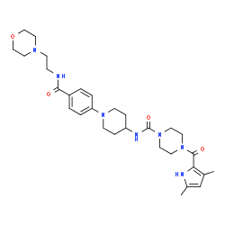 ChemSpider 2D Image | 4-[(3,5-Dimethyl-1H-pyrrol-2-yl)carbonyl]-N-[1-(4-{[2-(4-morpholinyl)ethyl]carbamoyl}phenyl)-4-piperidinyl]-1-piperazinecarboxamide | C30H43N7O4