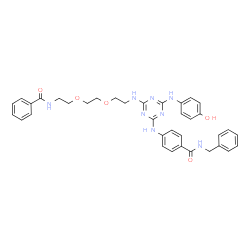 ChemSpider 2D Image | 4-({4-[(2-{2-[2-(Benzoylamino)ethoxy]ethoxy}ethyl)amino]-6-[(4-hydroxyphenyl)amino]-1,3,5-triazin-2-yl}amino)-N-benzylbenzamide | C36H38N8O5