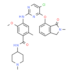 ChemSpider 2D Image | 4-({5-Chloro-4-[(2-methyl-3-oxo-2,3-dihydro-1H-isoindol-4-yl)oxy]-2-pyrimidinyl}amino)-5-methoxy-2-methyl-N-(1-methyl-4-piperidinyl)benzamide | C28H31ClN6O4