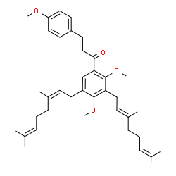 ChemSpider 2D Image | (2E)-1-{3-[(2E)-3,7-Dimethyl-2,6-octadien-1-yl]-5-[(2Z)-3,7-dimethyl-2,6-octadien-1-yl]-2,4-dimethoxyphenyl}-3-(4-methoxyphenyl)-2-propen-1-one | C38H50O4