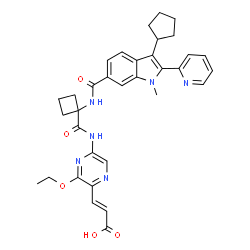 ChemSpider 2D Image | (2E)-3-[5-({[1-({[3-Cyclopentyl-1-methyl-2-(2-pyridinyl)-1H-indol-6-yl]carbonyl}amino)cyclobutyl]carbonyl}amino)-3-ethoxy-2-pyrazinyl]acrylic acid | C34H36N6O5