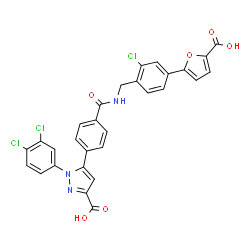 ChemSpider 2D Image | 5-(4-{[4-(5-Carboxy-2-furyl)-2-chlorobenzyl]carbamoyl}phenyl)-1-(3,4-dichlorophenyl)-1H-pyrazole-3-carboxylic acid | C29H18Cl3N3O6