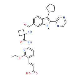 ChemSpider 2D Image | (2E)-3-[6-({[1-({[3-Cyclopentyl-1-methyl-2-(2-pyrazinyl)-1H-indol-6-yl]carbonyl}amino)cyclobutyl]carbonyl}amino)-2-ethoxy-3-pyridinyl]acrylic acid | C34H36N6O5