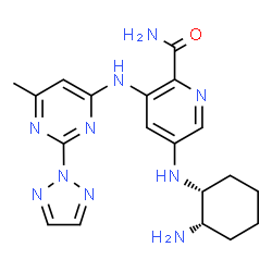 ChemSpider 2D Image | 5-{[(1R,2S)-2-Aminocyclohexyl]amino}-3-{[6-methyl-2-(2H-1,2,3-triazol-2-yl)-4-pyrimidinyl]amino}-2-pyridinecarboxamide | C19H24N10O