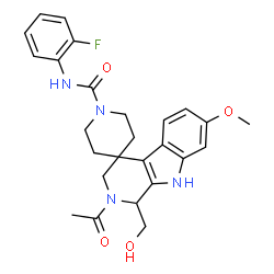 ChemSpider 2D Image | 2-Acetyl-N-(2-fluorophenyl)-1-(hydroxymethyl)-7-methoxy-1,2,3,9-tetrahydro-1'H-spiro[beta-carboline-4,4'-piperidine]-1'-carboxamide | C26H29FN4O4