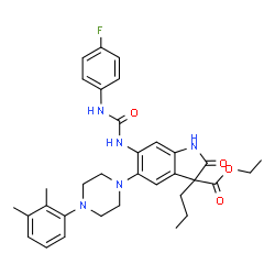 ChemSpider 2D Image | Ethyl 5-[4-(2,3-dimethylphenyl)-1-piperazinyl]-6-{[(4-fluorophenyl)carbamoyl]amino}-2-oxo-3-propyl-3-indolinecarboxylate | C33H38FN5O4