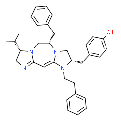 ChemSpider 2D Image | 4-{[(2S,5S,8S)-5-Benzyl-8-isopropyl-1-(2-phenylethyl)-2,3,5,6,8,9-hexahydro-1H-diimidazo[1,2-d:2',1'-g][1,4]diazepin-2-yl]methyl}phenol | C34H40N4O