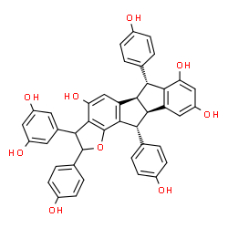ChemSpider 2D Image | (5bR,6R,10bR,11R)-3-(3,5-Dihydroxyphenyl)-2,6,11-tris(4-hydroxyphenyl)-2,3,5b,6,10b,11-hexahydroindeno[2',1':1,2]indeno[4,5-b]furan-4,7,9-triol | C42H32O9