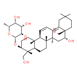 ChemSpider 2D Image | (3beta,16alpha)-16,23,28-Trihydroxyoleana-11,13(18)-dien-3-yl 6-deoxy-beta-D-galactopyranoside | C36H58O8