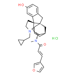 ChemSpider 2D Image | (2E)-N-[(1R,9R,11S,14S,19R)-15-(Cyclopropylmethyl)-4-hydroxy-15-azapentacyclo[9.6.2.0~1,9~.0~2,7~.0~9,14~]nonadeca-2,4,6,12-tetraen-19-yl]-3-(3-furyl)-N-methylacrylamide hydrochloride (1:1) | C30H35ClN2O3
