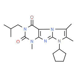ChemSpider 2D Image | 8-Cyclopentyl-3-isobutyl-1,6,7-trimethyl-1H-imidazo[2,1-f]purine-2,4(3H,8H)-dione | C19H27N5O2
