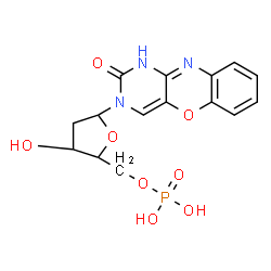 ChemSpider 2D Image | 3-(2-Deoxy-5-O-phosphono-beta-D-erythro-pentofuranosyl)-1H-pyrimido[5,4-b][1,4]benzoxazin-2(3H)-one | C15H16N3O8P