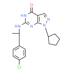 ChemSpider 2D Image | 6-{[(1S)-1-(4-Chlorophenyl)ethyl]amino}-1-cyclopentyl-1,5-dihydro-4H-pyrazolo[3,4-d]pyrimidin-4-one | C18H20ClN5O