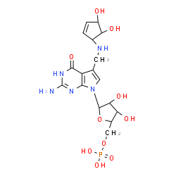 ChemSpider 2D Image | 2-Amino-5-({[(1S,4S,5R)-4,5-dihydroxy-2-cyclopenten-1-yl]amino}methyl)-7-(5-O-phosphono-beta-D-ribofuranosyl)-3,7-dihydro-4H-pyrrolo[2,3-d]pyrimidin-4-one | C17H24N5O10P