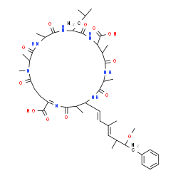 ChemSpider 2D Image | (2S,5R,8S,11R,12S,15S,18S,19S,21Z)-8-Isobutyl-18-[(1E,3E,5S,6S)-6-methoxy-3,5-dimethyl-7-phenyl-1,3-heptadien-1-yl]-1,2,5,12,15,19-hexamethyl-3,6,9,13,16,20,25-heptaoxo-1,4,7,10,14,17,21-heptaazacyclo
pentacos-21-ene-11,22-dicarboxylic acid | C46H67N7O12