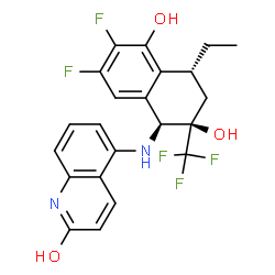 ChemSpider 2D Image | (5S,6R,8R)-8-Ethyl-2,3-difluoro-5-[(2-hydroxy-5-quinolinyl)amino]-6-(trifluoromethyl)-5,6,7,8-tetrahydro-1,6-naphthalenediol | C22H19F5N2O3