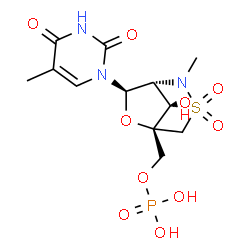 ChemSpider 2D Image | [(1R,5R,7R,8S)-8-Hydroxy-2-methyl-7-(5-methyl-2,4-dioxo-3,4-dihydro-1(2H)-pyrimidinyl)-3,3-dioxido-6-oxa-3-thia-2-azabicyclo[3.2.1]oct-5-yl]methyl dihydrogen phosphate | C12H18N3O10PS