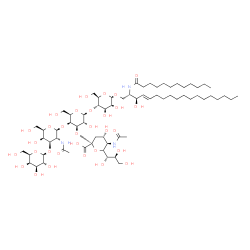ChemSpider 2D Image | (2S,3R,4E)-2-(Dodecanoylamino)-3-hydroxy-4-octadecen-1-yl 5-acetamido-3,5-dideoxy-6-[(1S,2S)-1,2,3-trihydroxypropyl]-beta-L-threo-hex-2-ulopyranonosyl-(2->3)-[beta-D-galactopyranosyl-(1->3)-2-acetamid
o-2-deoxy-beta-D-galactopyranosyl-(1->4)]-beta-D-galactopyranosyl-(1->4)-beta-D-glucopyranoside | C67H119N3O31