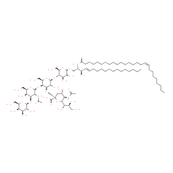 ChemSpider 2D Image | (2S,3R,4E)-2-[(17Z)-17-Hexacosenoylamino]-3-hydroxy-4-octadecen-1-yl 5-acetamido-3,5-dideoxy-6-[(1S,2S)-1,2,3-trihydroxypropyl]-beta-L-threo-hex-2-ulopyranonosyl-(2->3)-[beta-D-galactopyranosyl-(1->3)
-2-acetamido-2-deoxy-beta-D-galactopyranosyl-(1->4)]-beta-D-galactopyranosyl-(1->4)-beta-D-glucopyranoside | C81H145N3O31